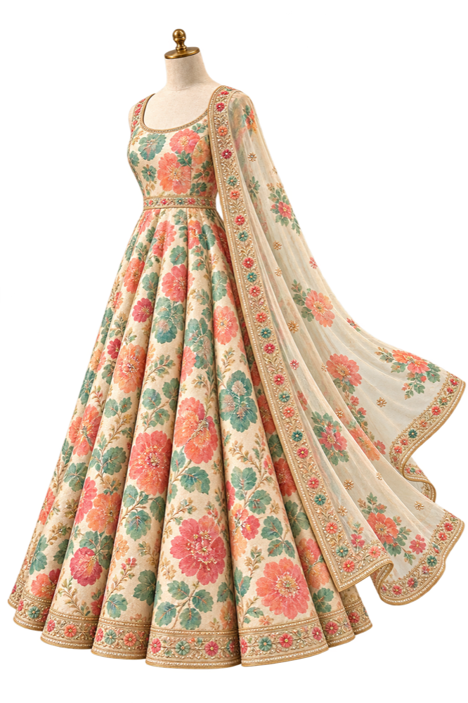 Styling inspiration: a mannequin wearing a cream dress with coral and sage florals