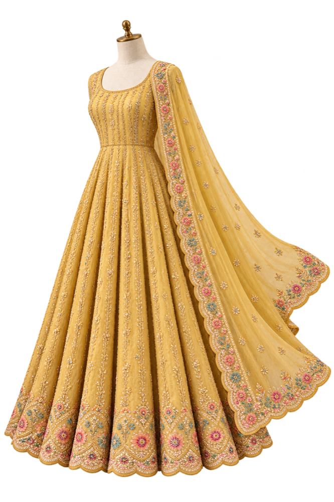 Styling inspiration: a mannequin wearing a golden embroidered dress