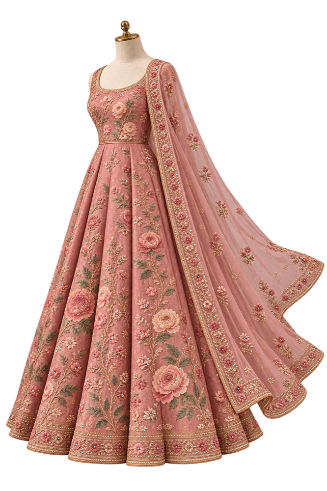Styling inspiration: a mannequin wearing a dusty rose embroidered dress