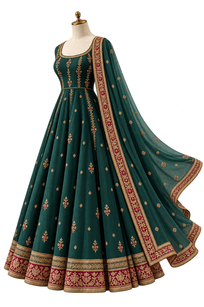 Styling inspiration: a mannequin wearing a deep teal dress with a maroon and gold border
