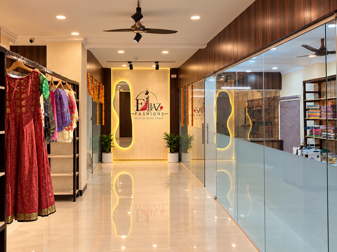 The boutique interior with clothing rails, an illuminated mirror, and a glass partition