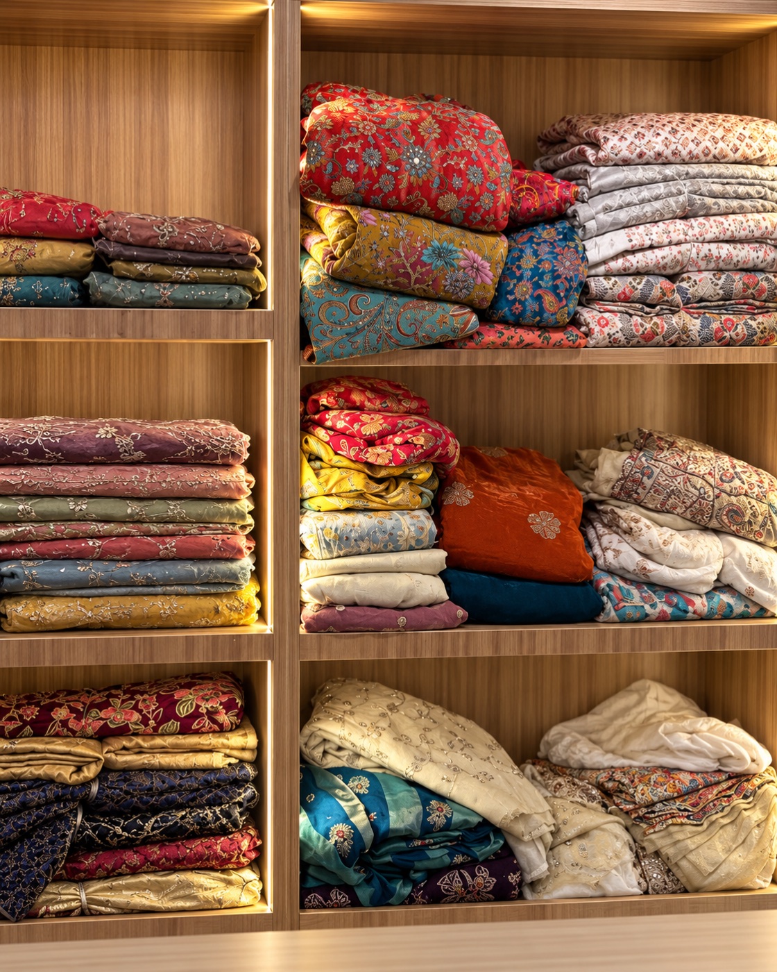 Colourful folded fabrics on the wooden shelves at Ejaz Fashion
