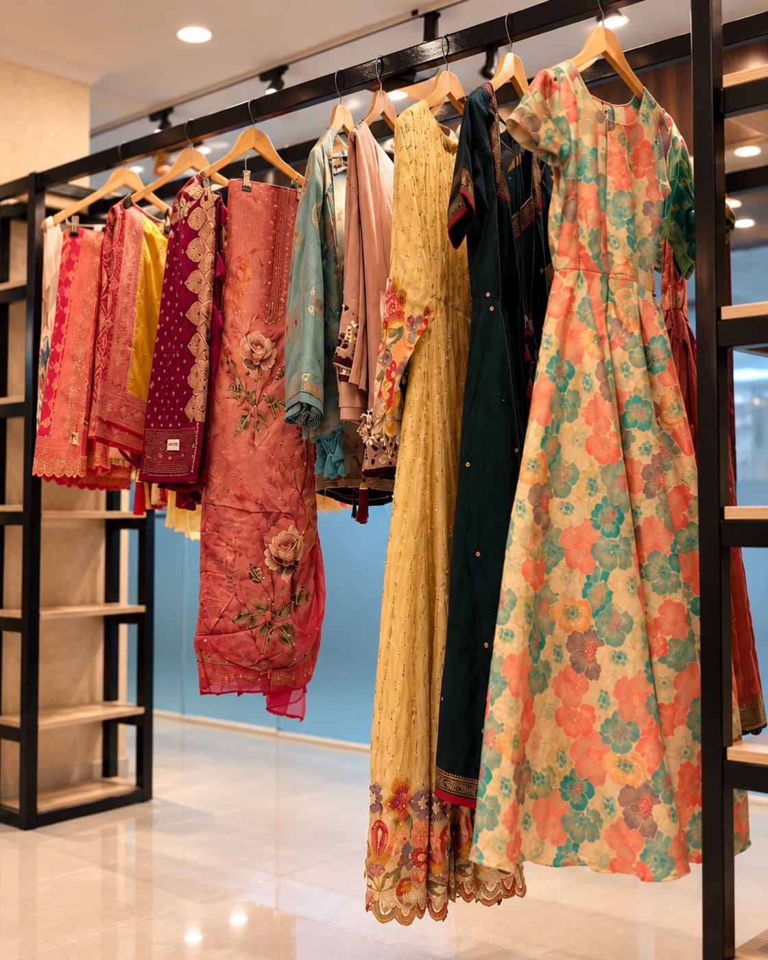 Colourful dresses and embroidered outfits on the boutique garment rail